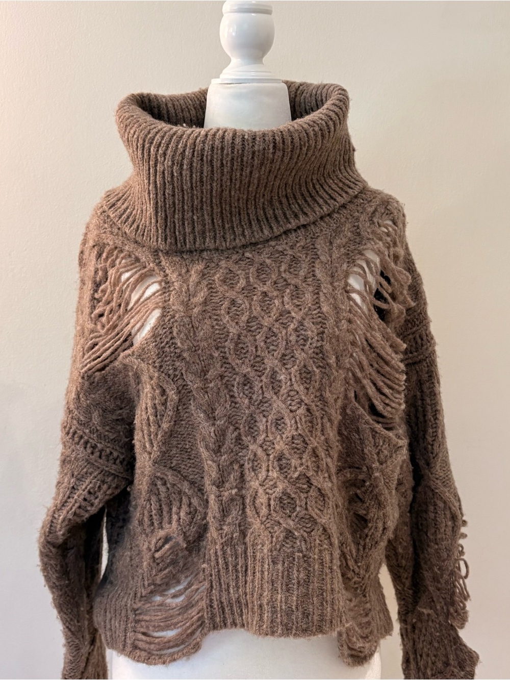 NSF Distressed Cable-Knit Irish Fisherman Turtleneck Sweater Cafe Au Lait Brown